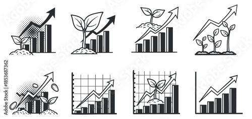 A collection of growth and financial progress icons featuring plants and charts in black and white minimalist vector style, suitable for business presentations and reports