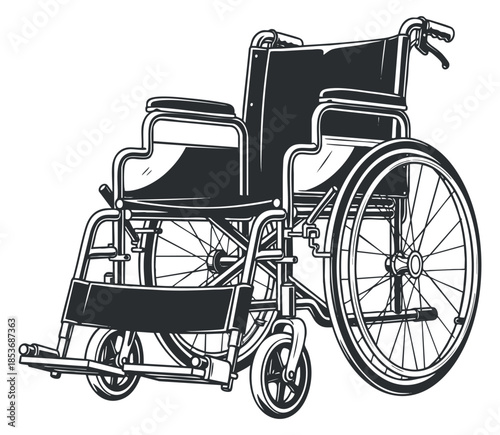 A detailed outline illustration of a wheelchair in black and white vector style, suitable for healthcare and accessibility projects