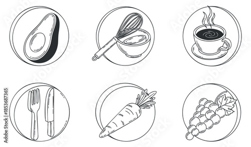 A set of food and kitchen icons including an avocado, whisk, coffee cup, carrot, grapes, and cutlery in minimalist outline vector style, ideal for culinary branding and menus