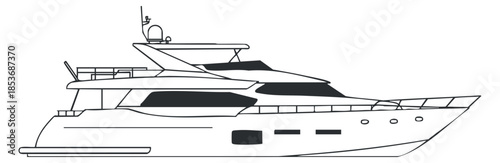 A luxury yacht in black and white outline vector style, ideal for marine-themed design projects
