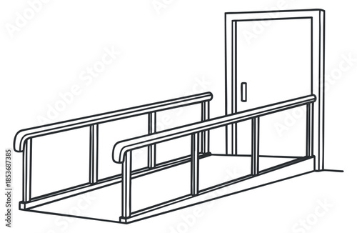 A wheelchair ramp with handrails leading to an open door in minimalist outline vector style, suitable for accessibility projects