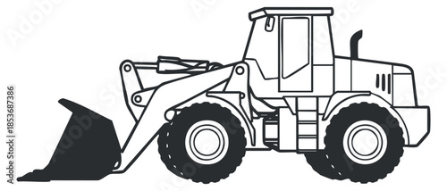 A front loader construction vehicle in black and white outline vector style, ideal for engineering and construction projects