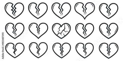 A collection of broken heart icons in outline vector style, ideal for emotional design projects and illustrations