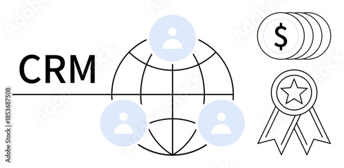 Customer relationship management, business networking, financial success, client engagement, online solutions, recognition. Global network with user icons and symbols for money and rewards. CRM
