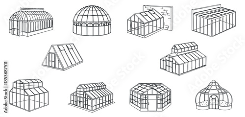 A collection of various greenhouse designs in outline minimalist vector style, suitable for gardening and horticulture projects