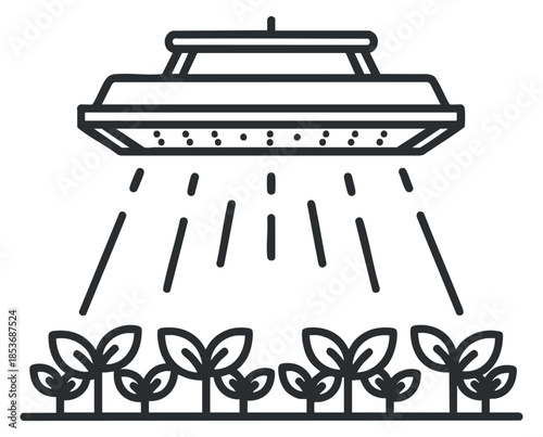 A UFO-shaped light illuminating a row of plants in clean outline vector style, suitable for agricultural technology and gardening projects