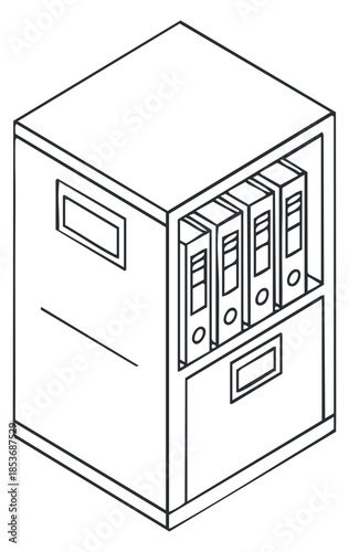 An outline illustration of a filing cabinet with multiple drawers and file folders in minimalist vector style, ideal for office and workspace design