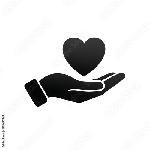 A minimalist black icon of a stylized hand holding or presenting a heart shape