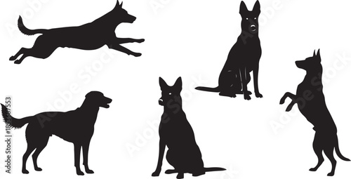 Five Dog Silhouettes in Various Poses canine animal