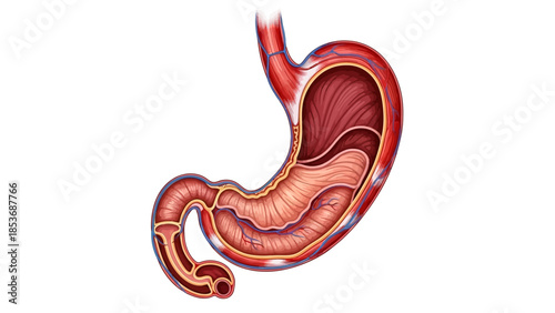 Detailed illustration of the human stomach anatomy from a lateral viewpoint