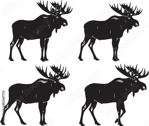 Four black silhouettes of a bull moose in different poses