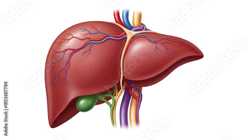 Detailed illustration of human liver anatomy showing veins and surrounding structures