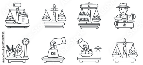 A collection of balance scales and weighing icons in black and white minimalist vector style, suitable for agricultural and trade applications