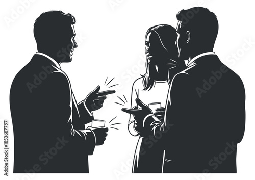 A group of three people engaging in a lively conversation with drinks in hand in black and white vector style, perfect for business networking and social events