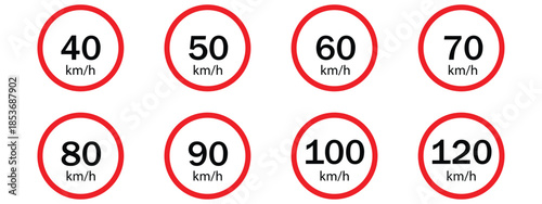 Speed limit road icon set vector. Highway traffic speed limit warning maximum km per hour, safety driving regulation symbol. vector illustration.