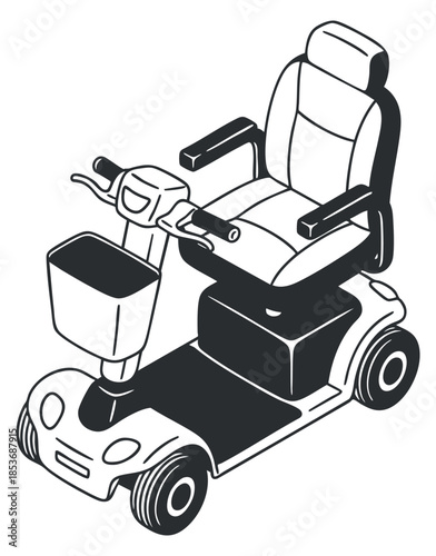 A detailed illustration of a mobility scooter in black and white outline style, ideal for health and accessibility contexts