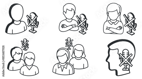 A set of prohibition icons depicting individuals and groups with crossed-out symbols in minimalist vector style, suitable for communication guidelines and social media use