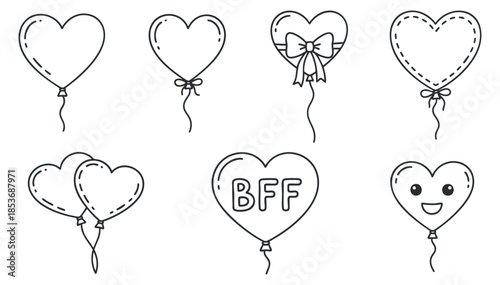A collection of heart-shaped balloons in outline vector style, perfect for friendship celebrations and party invitations