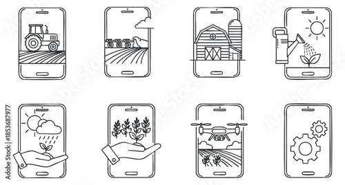 A collection of smartphone icons depicting agriculture themes in minimalist line art style, ideal for tech and farming applications