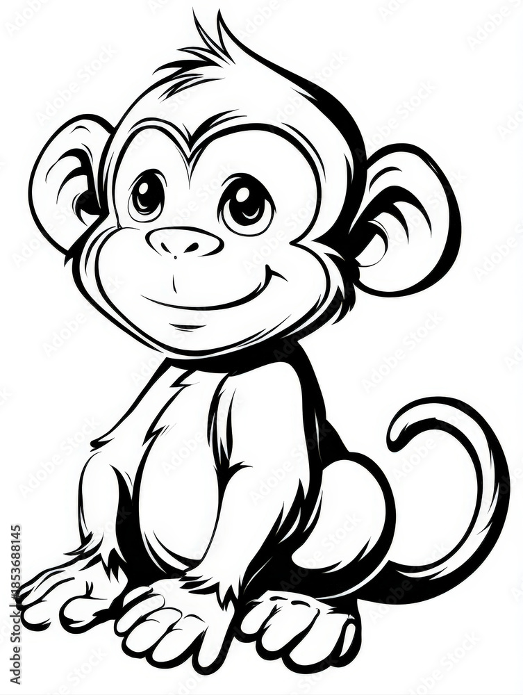 Obraz premium Hand drawn black and white monkey line art illustration of a cute baby primate sitting and smiling on a white background, minimal style drawing for children coloring book page or animal icon