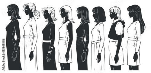 A collection of female silhouettes in various poses and outfits in black and white vector style, suitable for fashion illustrations and design projects