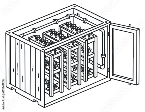 A hydroponic farming system in outline vector style, featuring a container with multiple plant growth sections, suitable for agricultural innovation and indoor gardening.