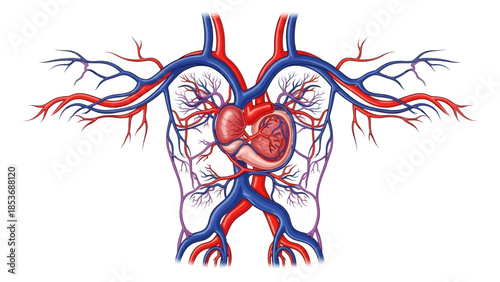 Detailed illustration of the human cardiovascular system showcasing the heart and major blood vessels from a frontal anatomical viewpoint