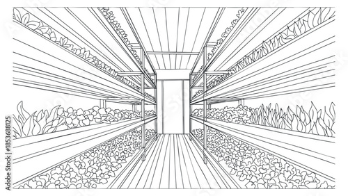 A spacious interior with shelves filled with plants and greenery in minimalist outline vector style, suitable for interior design projects