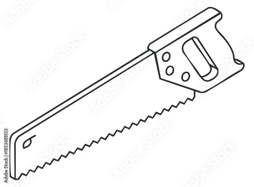 A hand saw with a wooden handle in black and white outline vector style, suitable for construction and woodworking projects