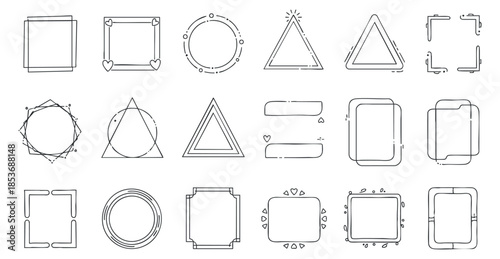 A collection of geometric outline shapes including squares, circles, and triangles in minimalist vector style, suitable for graphic design projects