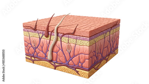Detailed anatomical illustration of human skin layers showcasing epidermis, dermis, and hypodermis structure from a cross-sectional viewpoint