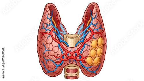 Detailed anatomical illustration of the thyroid gland showcasing its structure and surrounding tissues from a frontal viewpoint
