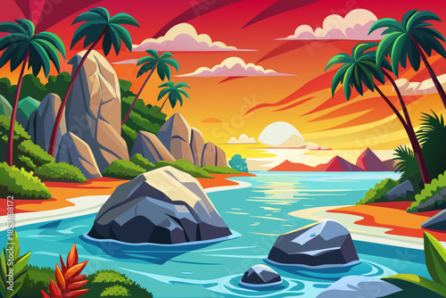 shallow lagoon beach bordered by lush tropical plants and calm waters, creating a vibrant coastal environment full of life and natural color