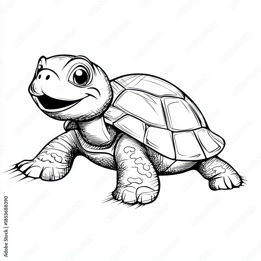 Fototapeta premium Charming black and white illustration of a cartoon turtle with a smile.