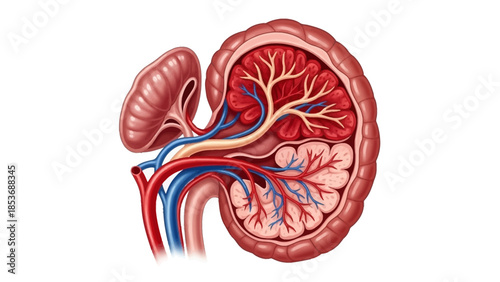 Detailed anatomical illustration of a human kidney showcasing internal structures and blood vessels from a frontal viewpoint
