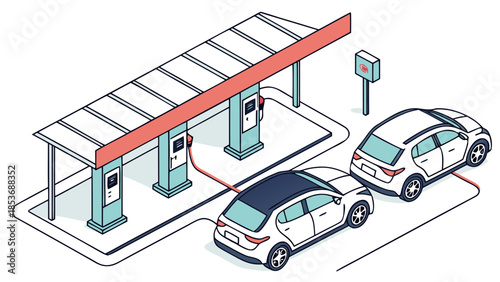 Eco-Friendly Electric Vehicle Charging Station Illustration with Two Cars, Sustainable Green Energy and Modern Technology Concept