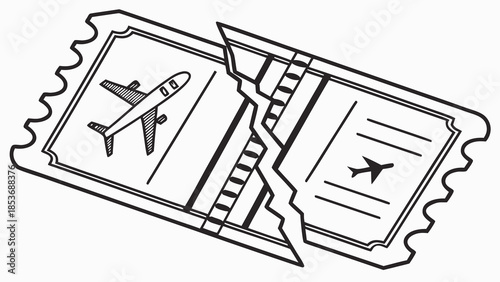 Ripped Airplane Ticket Illustration Symbolizing Canceled Travel, Flight Disruption, or Journey's End in Black and White Line Art