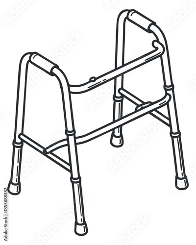 A simplified illustration of a mobility walker in black outline vector style, ideal for healthcare and rehabilitation projects