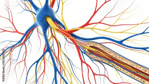 A detailed illustration of a neuron with colorful dendrites and axon, showcasing the complexity of the human nervous system from a scientific viewpoint.