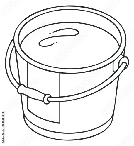 A simple outline illustration of a round bucket filled with water in black and white minimalist vector style, ideal for cleaning and gardening projects