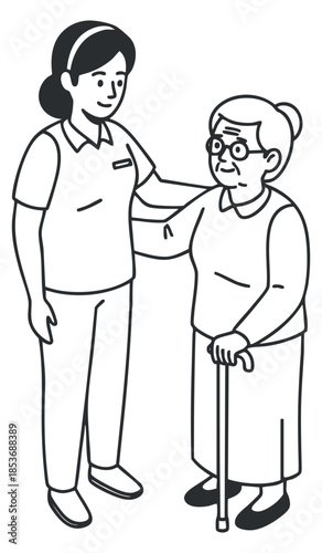 A caregiver assisting an elderly woman with a cane in a simple black and white line art vector style, ideal for healthcare and support themes