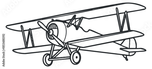 A vintage biplane aircraft in black and white outline vector style, perfect for aviation-themed designs