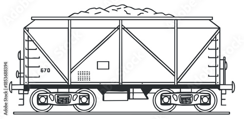A side view illustration of a coal freight train car in black and white outline vector style, suitable for transport and logistics designs