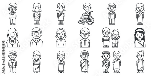A collection of diverse people icons depicting various ages, genders, and cultural outfits in black and white line art style, suitable for community and social themes