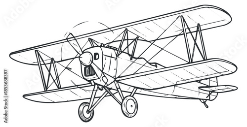 A detailed outline illustration of a vintage biplane aircraft in black and white vector style, suitable for aviation-themed designs