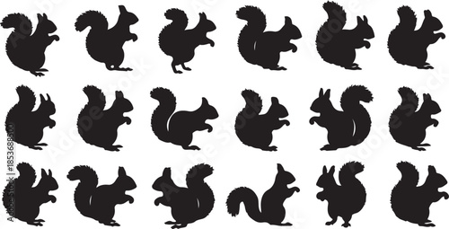Repeating Pattern of Black Squirrel Silhouettes on White Background Keywords: squirrel