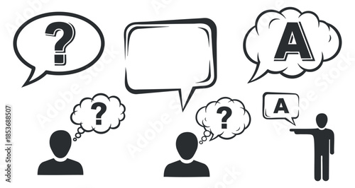 A collection of speech and thought bubbles featuring question marks and letters in flat minimalist vector style, ideal for communication and discussion graphics