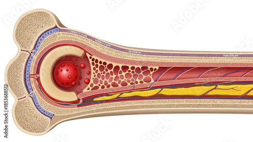Detailed cross-section illustration of a human bone showing internal structure and red blood cell