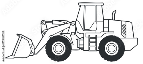 A flat outline illustration of a loader construction vehicle in black and white vector style, suitable for engineering and construction projects
