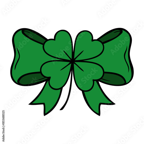 Dibujo sencillo con líneas de trébol de cuatro hojas con lazo de cinta de regalo para tarjetas y felicitaciones de San Patricio